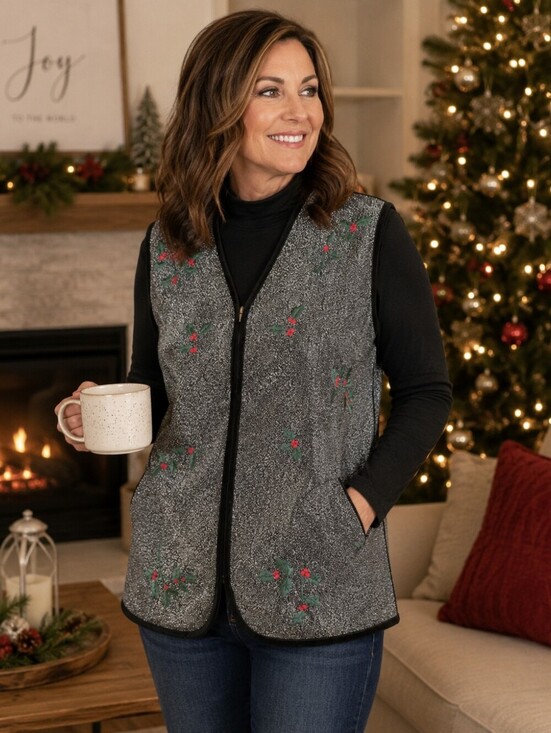 CJ Banks Jackets & Blazers - C.J. Banks Holly Berry Embroidered Holiday Vest Plus Size 18W Black Silver Zip